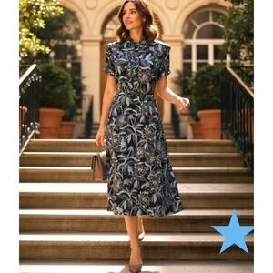 Antonio Melani Silk Elsie Dress Black Blue Floral Short Sleeve Women 10 L NEW